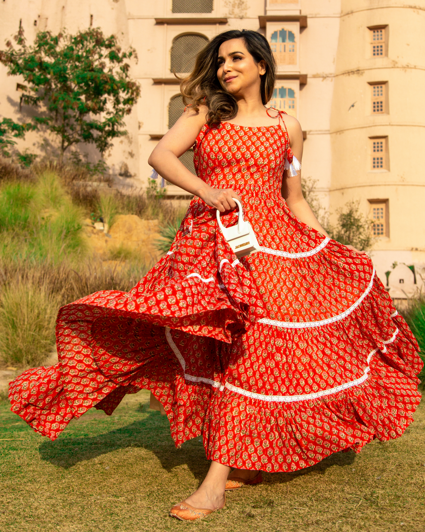 ORANGE PEEL HANDBLOCK COTTON DRESS