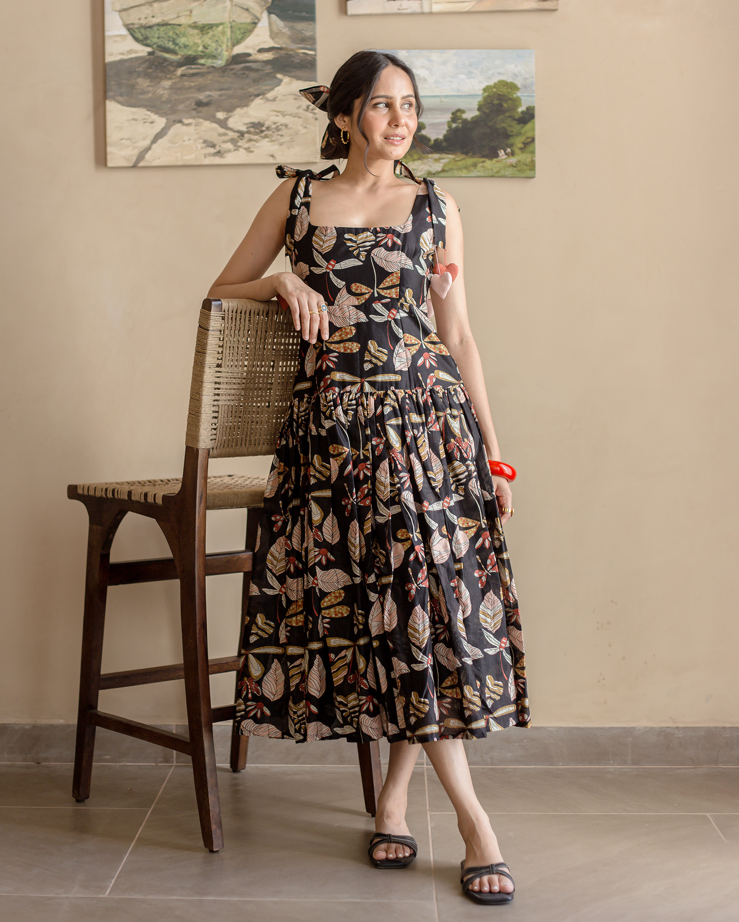 Moonlight Charm Black Cotton Printed Dress