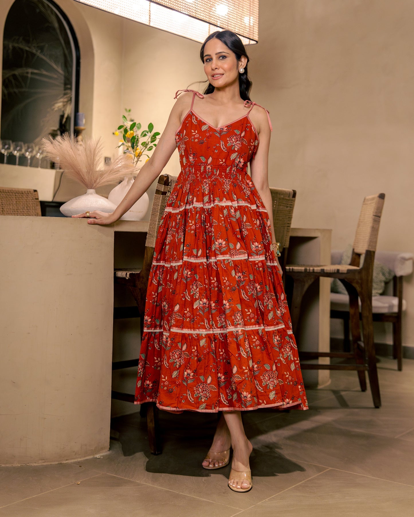 Siri Bloom Rust Orange Cotton Printed Dress