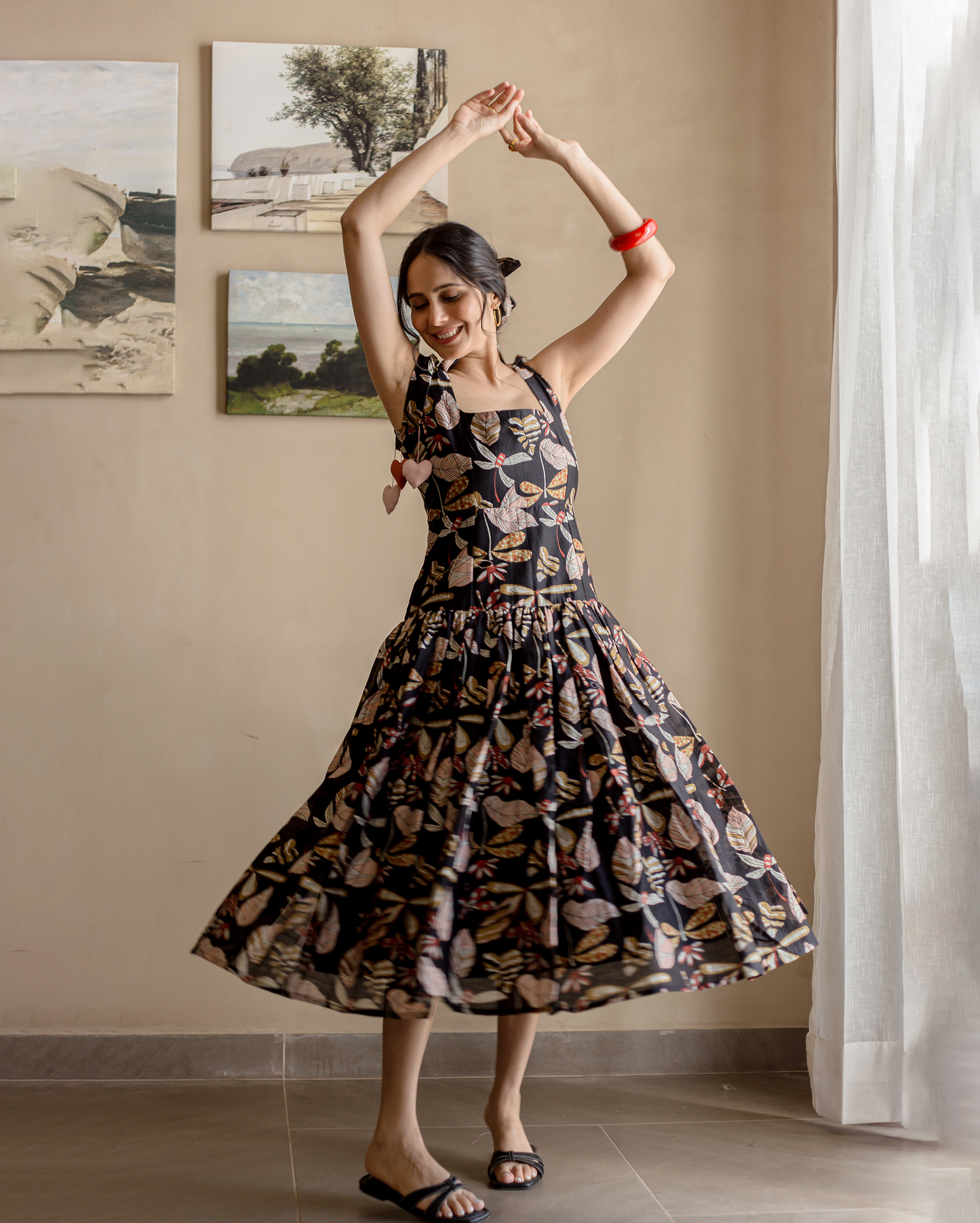 Moonlight Charm Black Cotton Printed Dress