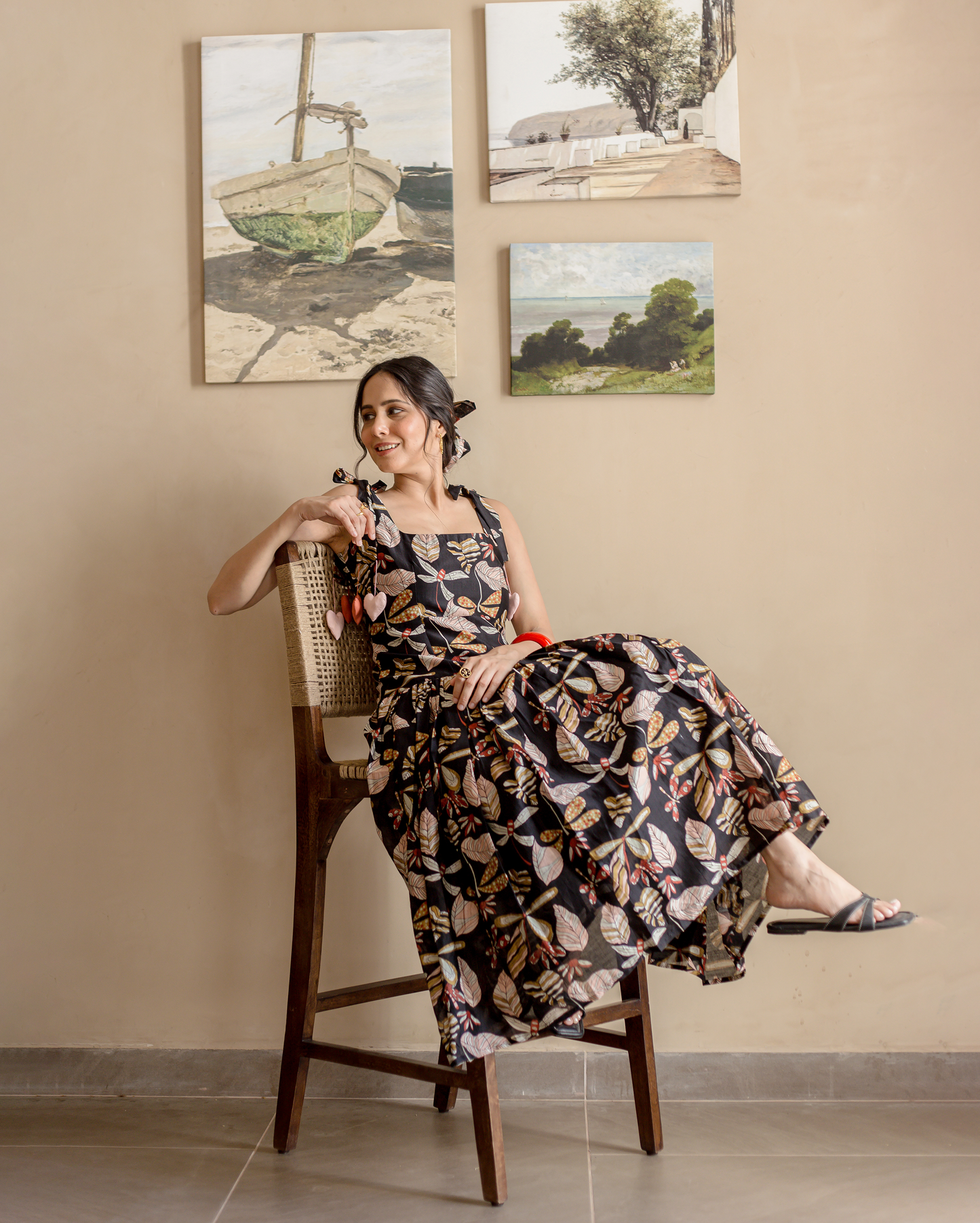 Moonlight Charm Black Cotton Printed Dress