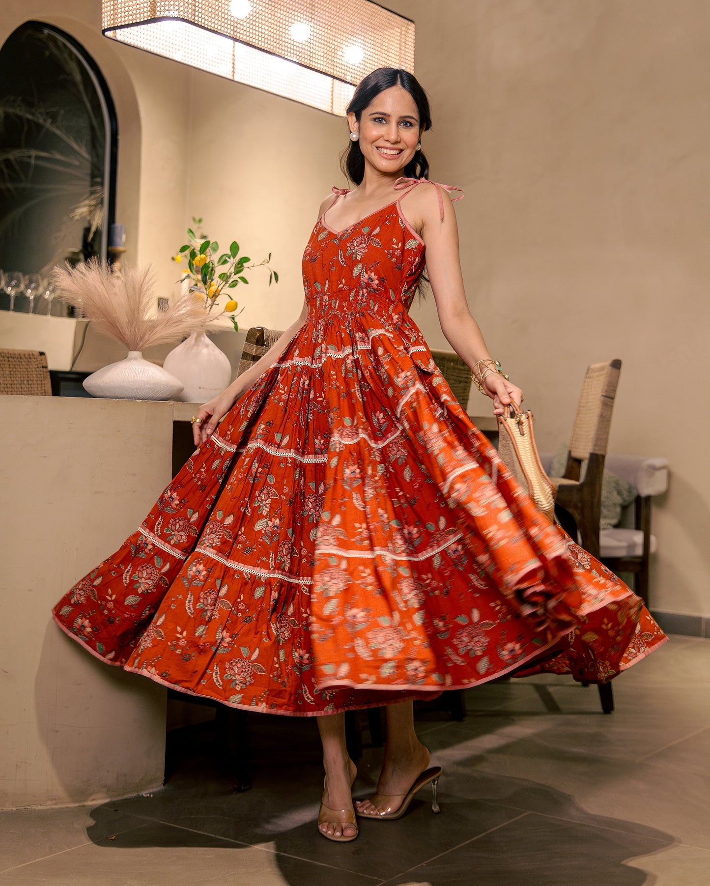 Siri Bloom Rust Orange Cotton Printed Dress