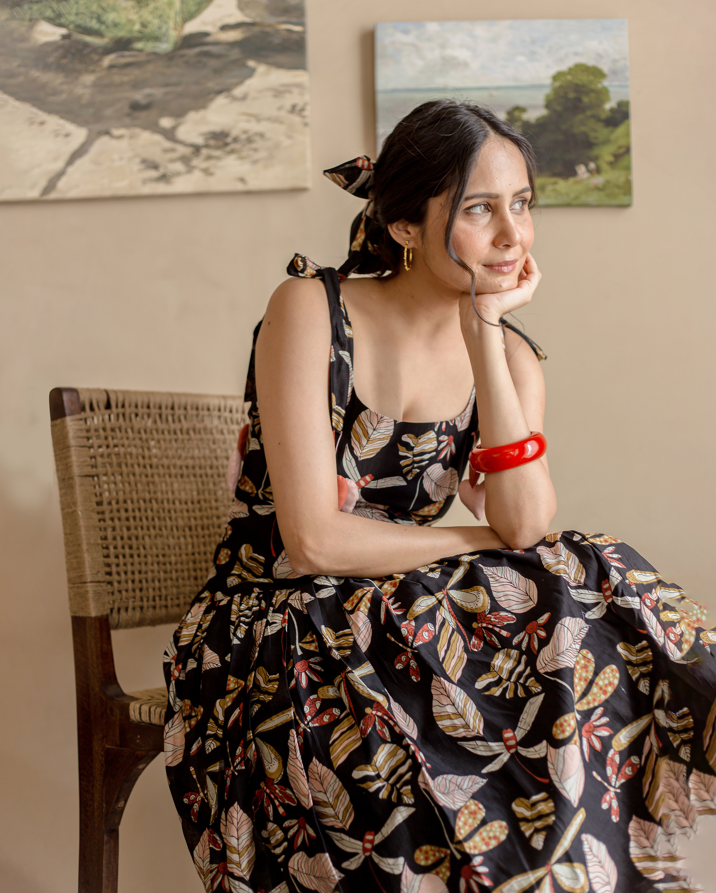 Moonlight Charm Black Cotton Printed Dress