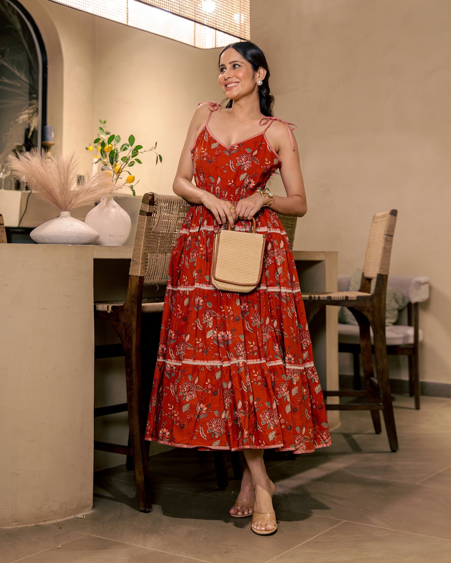 Siri Bloom Rust Orange Cotton Printed Dress